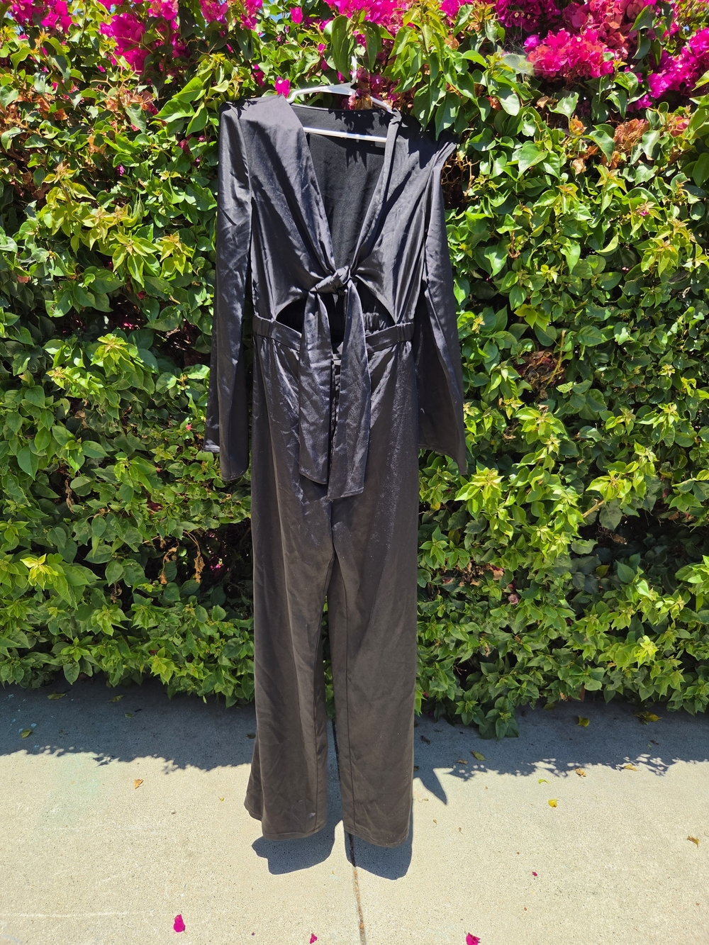Trendsetting Black Satin Tie Front Wide Leg Jumpsuit Size Small Glamorous Style